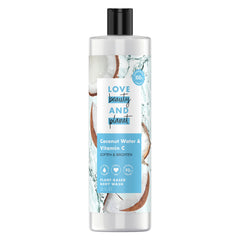 Love Beauty And Planet body wash bottle being poured, hydrating with coconut water.