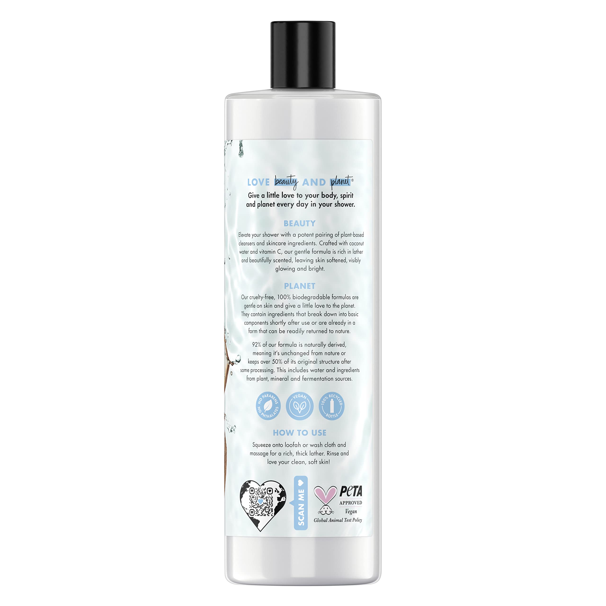 Love Beauty And Planet body wash lather on skin, promoting softness and a radiant glow.