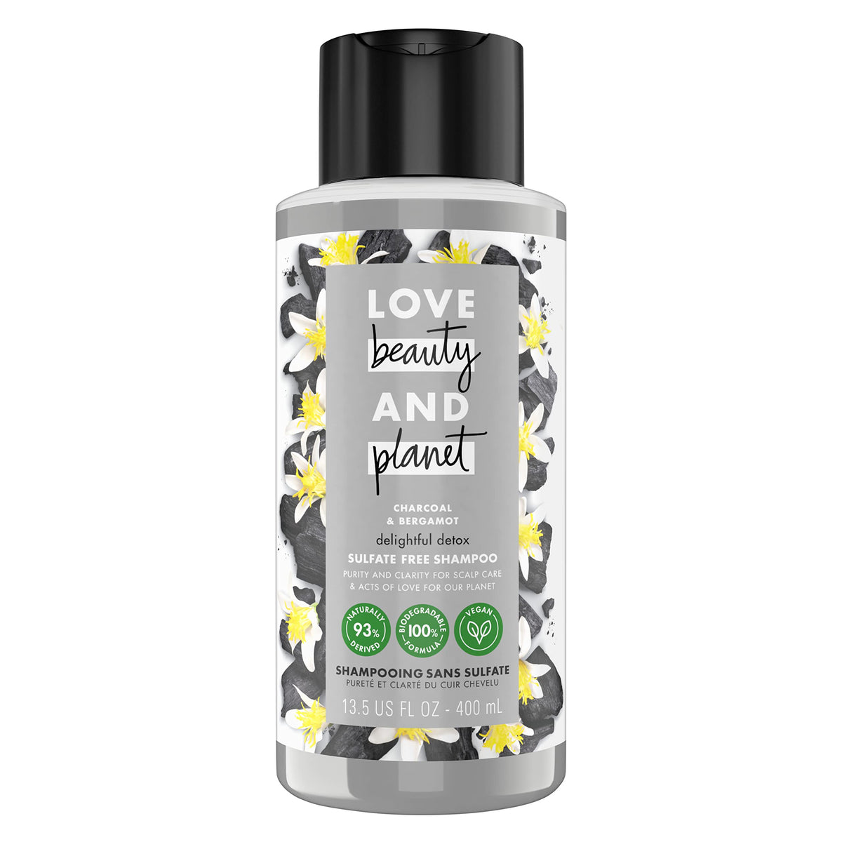 Love Beauty And Planet Delightful Detox shampoo bottle with eco packaging and charcoal detox benefits.