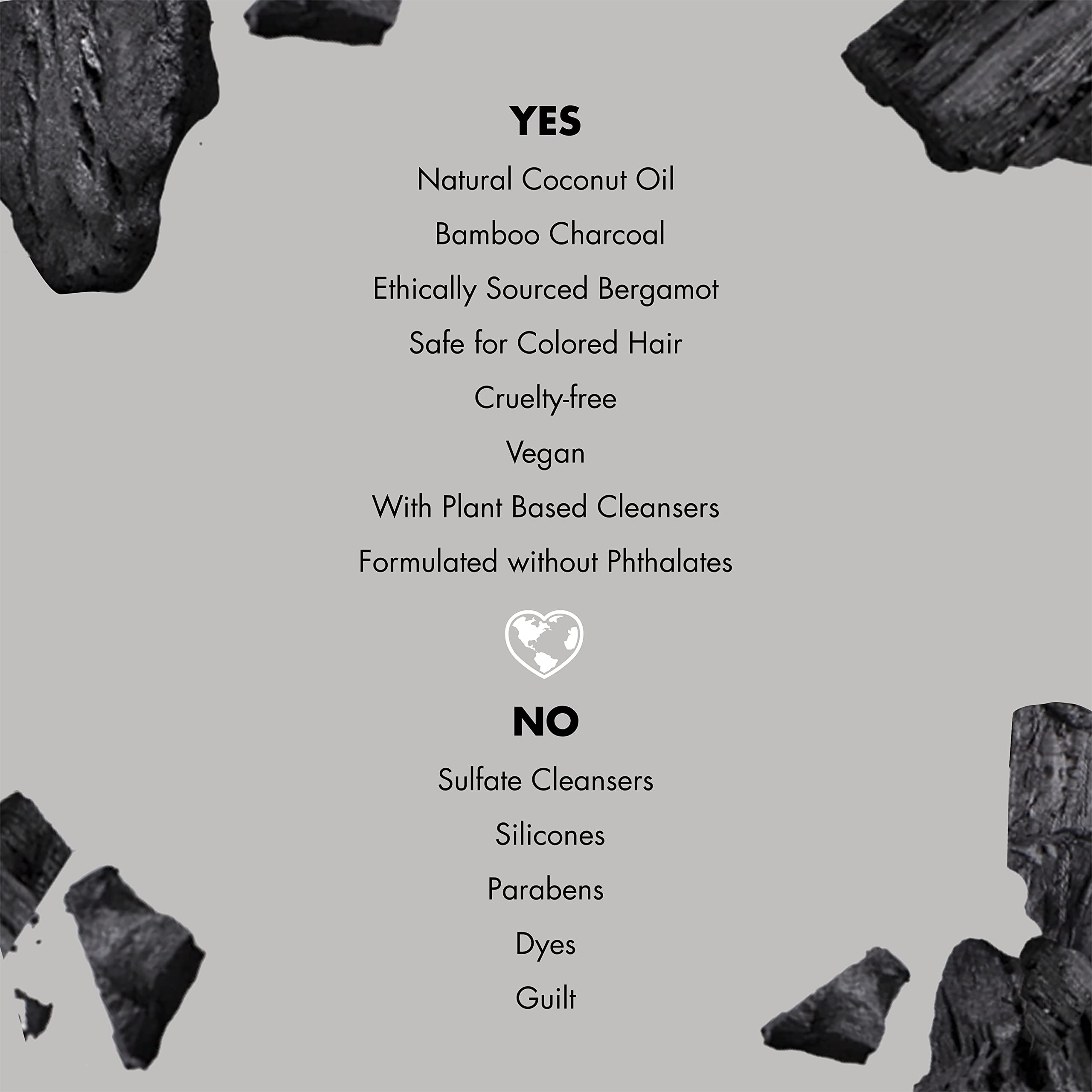 Ingredients close-up shows coconut oil and bamboo charcoal among naturally derived components.