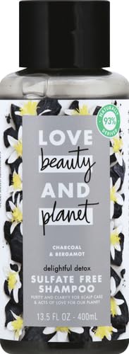 Close-up label emphasizes bergamot scent and vegan, sulfate-free formulation for clearer hair.