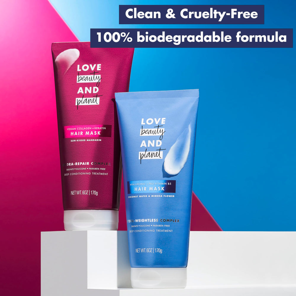 Love Beauty and Planet applying mask to wet hair for quick 2-minute conditioning.