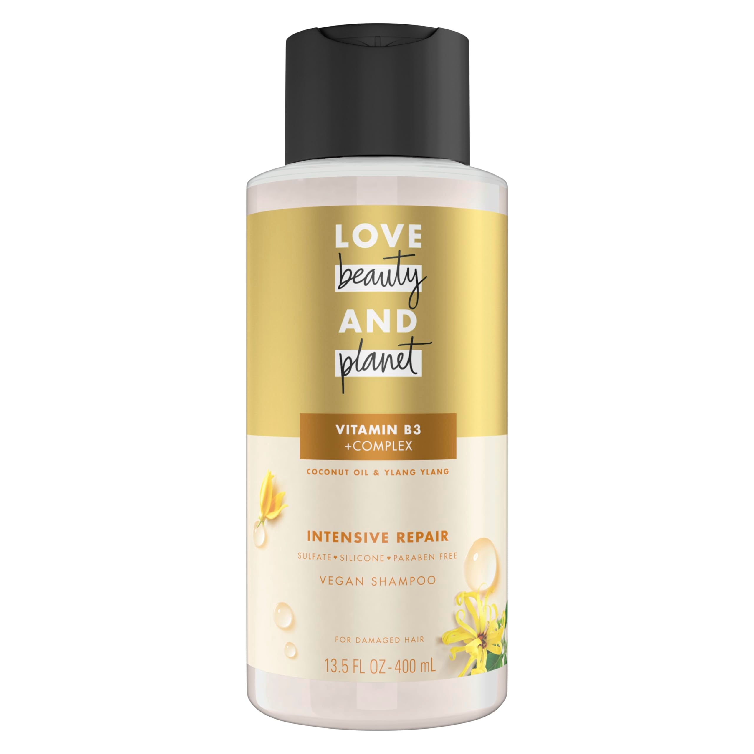 Love Beauty And Planet intensive repair shampoo bottle shows nourishing formula for stronger hair.