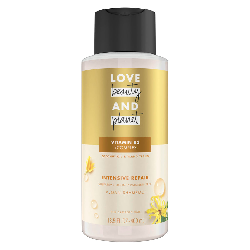 Love Beauty And Planet intensive repair shampoo bottle shows nourishing formula for stronger hair.