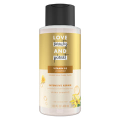 Love Beauty And Planet intensive repair shampoo bottle shows nourishing formula for stronger hair.