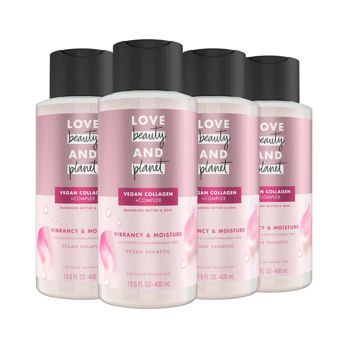 Love Beauty And Planet Murumuru Butter & Rose shampoo bottle pour for color-treated hair shine