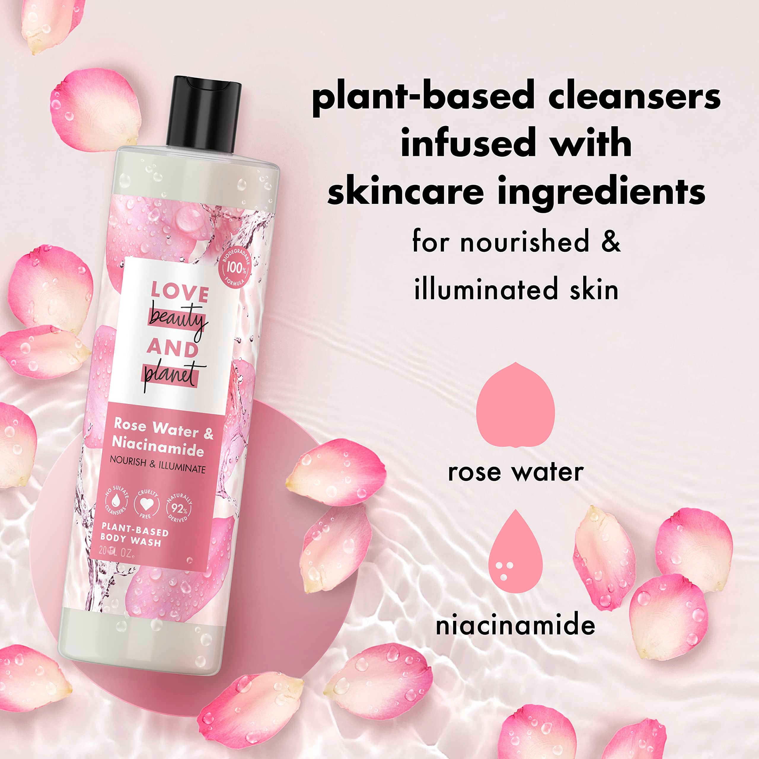 Love Beauty and Planet plant-based cleansers ingredients visible on packaging.