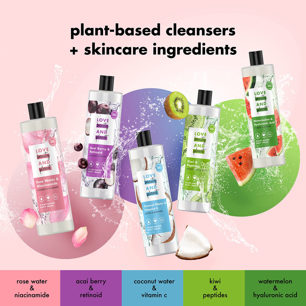 Love Beauty and Planet recycled bottle packaging emphasizing eco-friendly design.