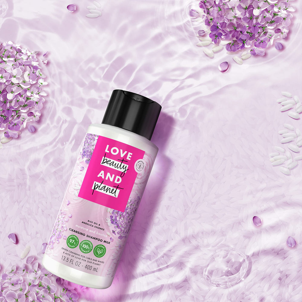 Rice bran oil infusion nourishes strands in Love Beauty and Planet Shampoo Milk.
