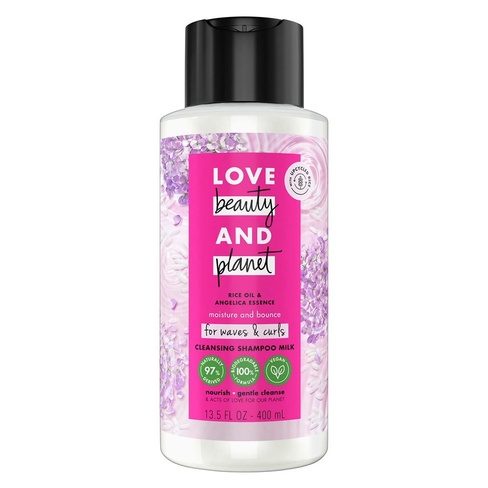Love Beauty and Planet Rice Oil & Angelica Essence Shampoo Milk bottle showcases eco-friendly packaging and gentle cleansing.