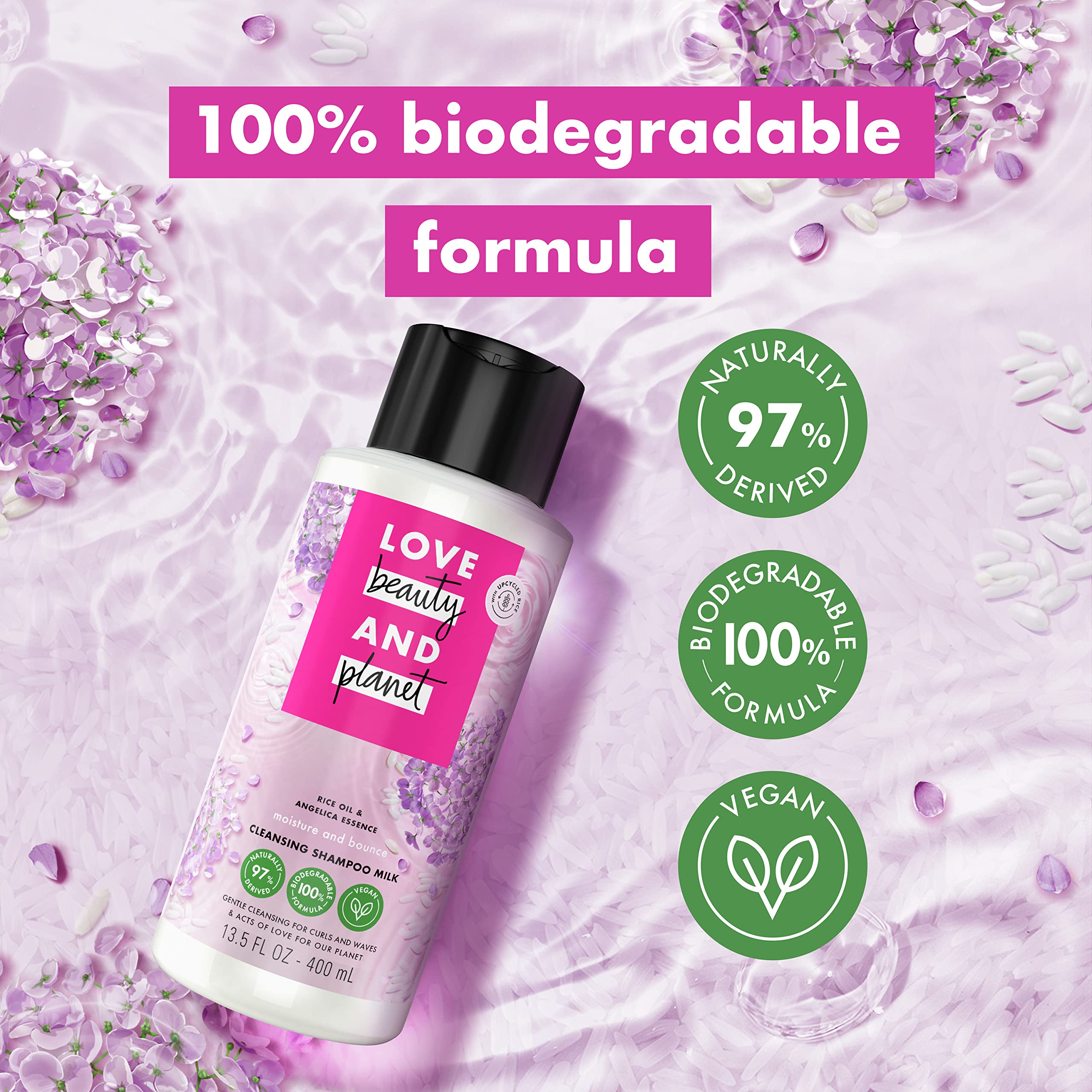 Love Beauty and Planet Rice Oil & Angelica Essence Shampoo Milk pour captures a soft, fragrant cleanse.