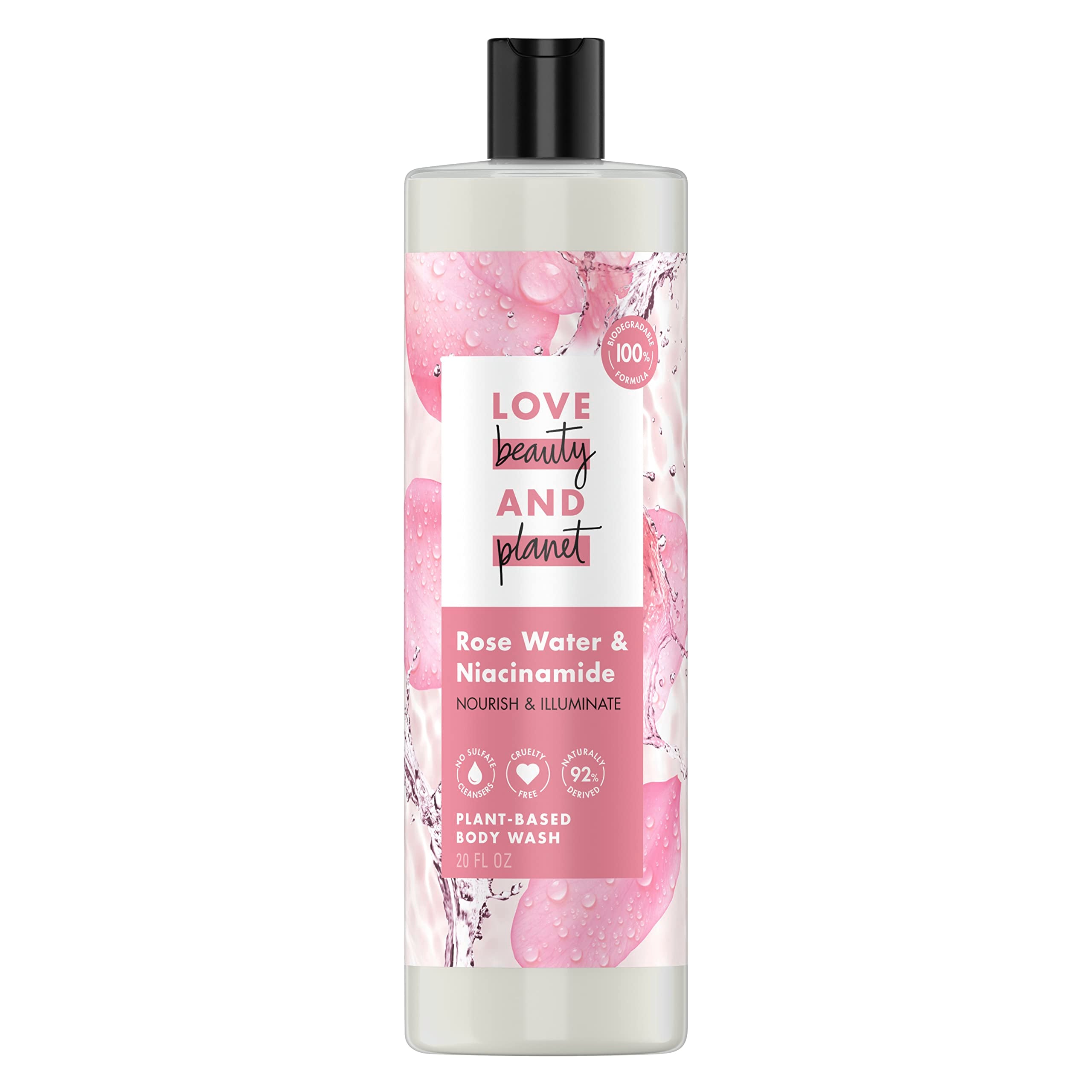 Love Beauty and Planet Rose Water & Niacinamide bottle with plant-based formula nourishing skin.