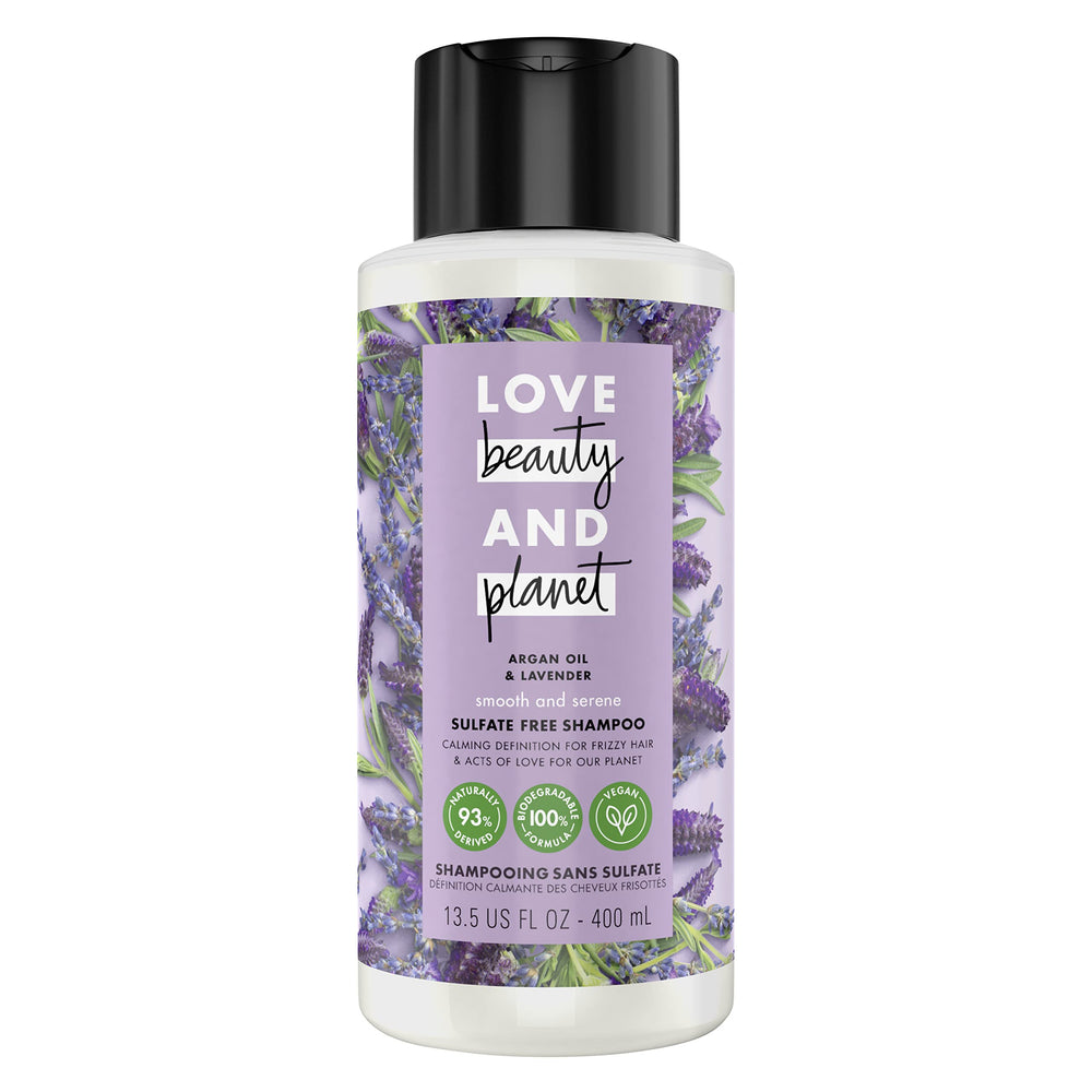Love Beauty And Planet Smooth and Serene Argan Oil Shampoo bottle shows frizz-control features
