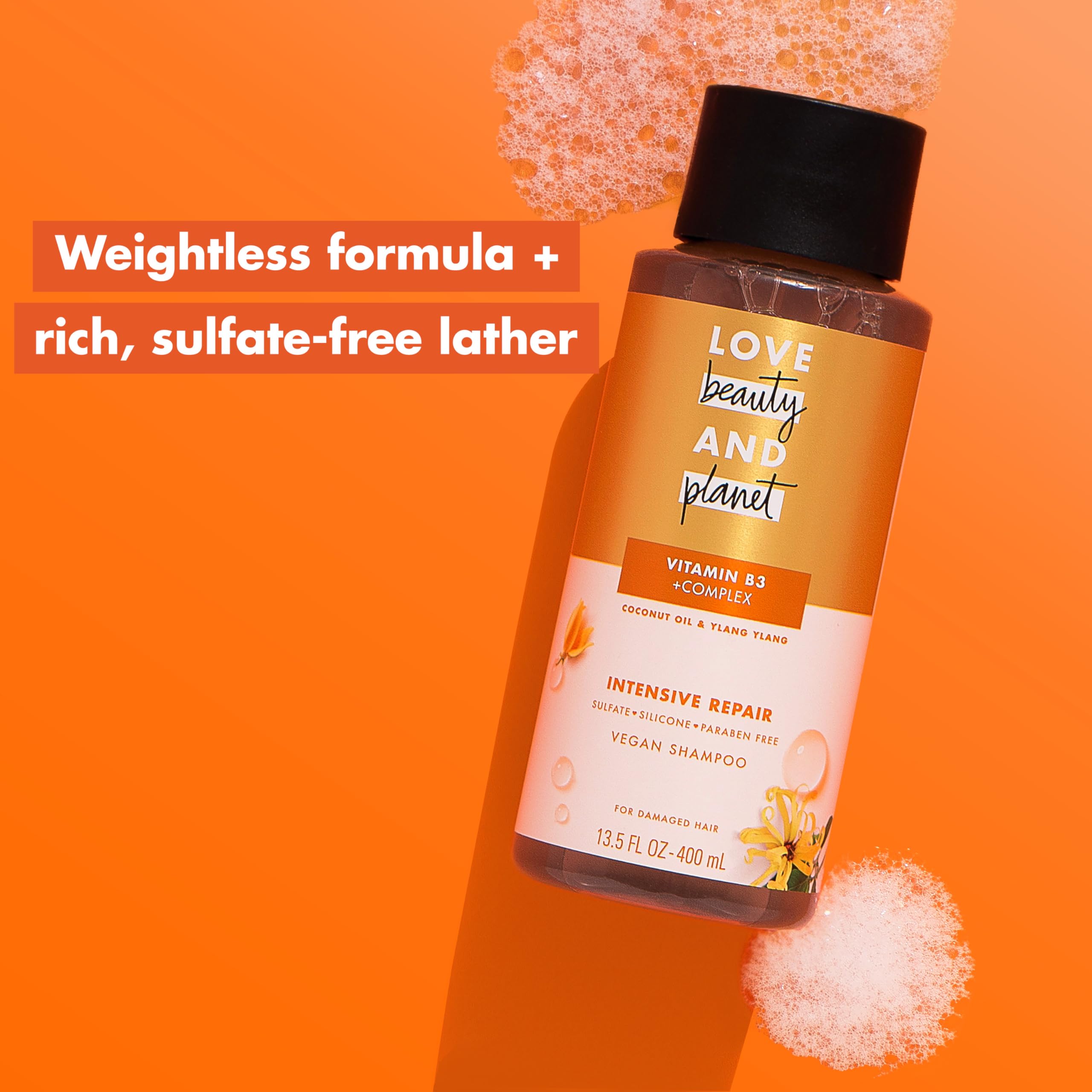 Love Beauty And Planet Vitamin B3 complex close-up emphasizes bond-strengthening actives for hair.