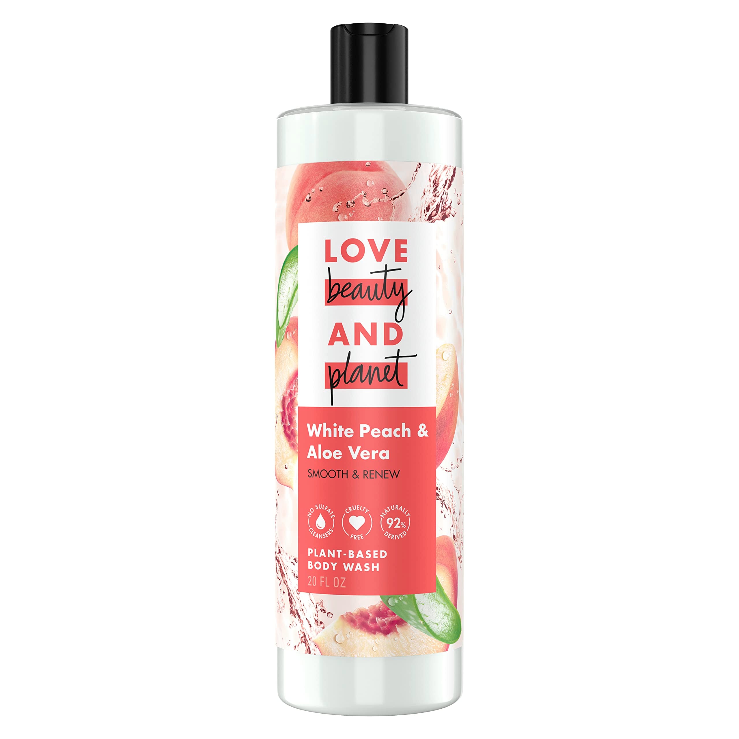 Love Beauty and Planet white peach and aloe body wash bottle with recyclable packaging.