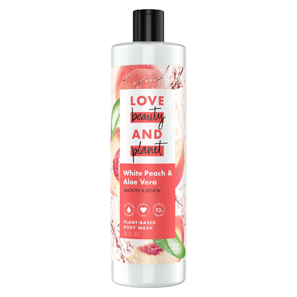 Love Beauty and Planet white peach and aloe body wash bottle with recyclable packaging.