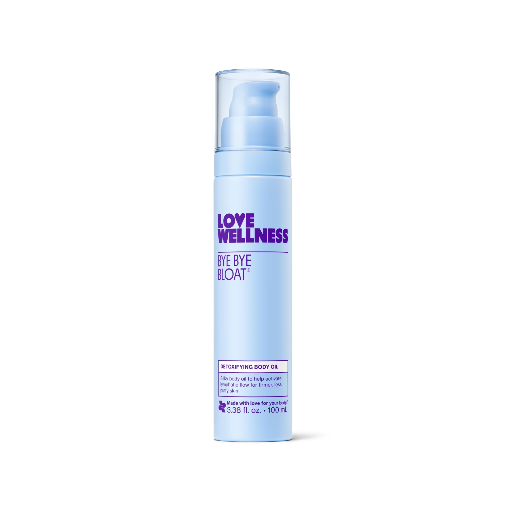 Love Wellness Bye Bye Bloat Detoxifying Body Oil bottle ready for daily hydration.