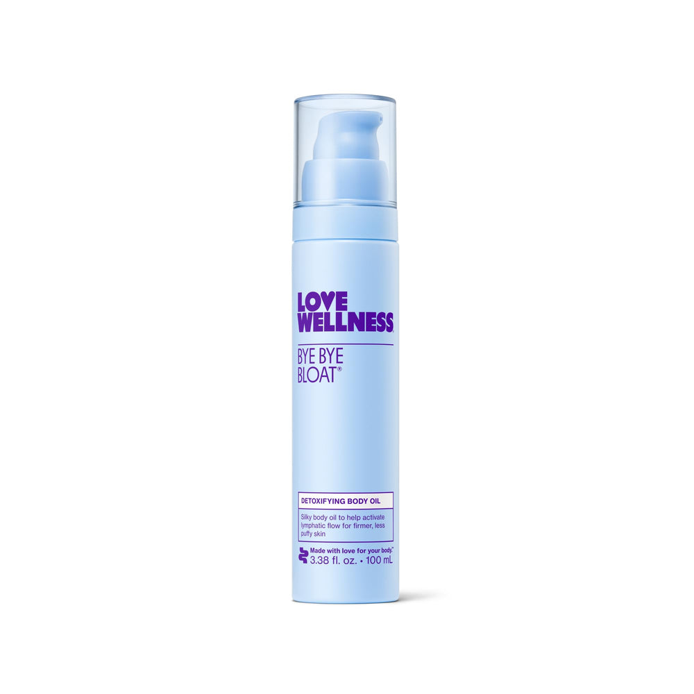 Love Wellness Bye Bye Bloat Detoxifying Body Oil bottle ready for daily hydration.
