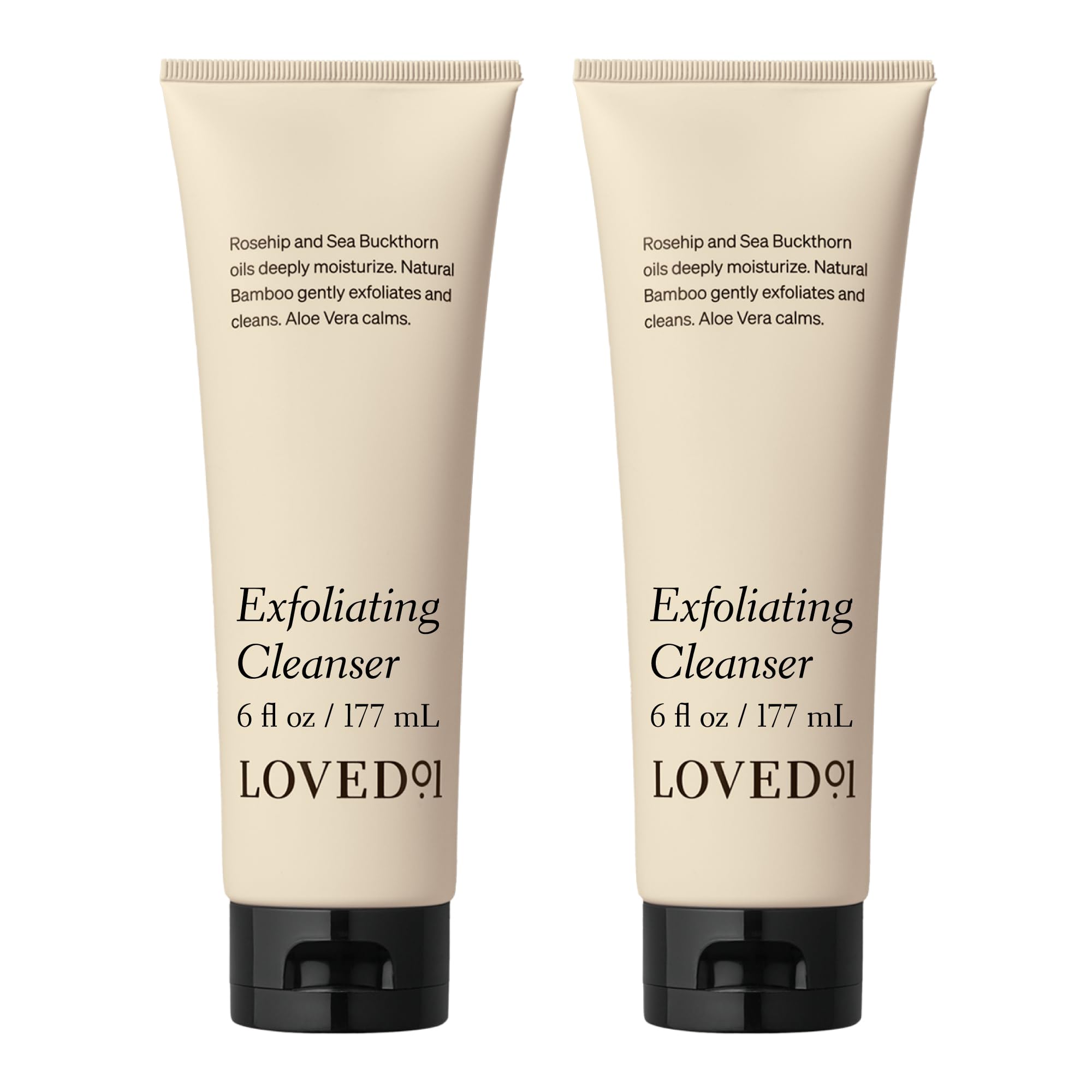 Loved01 exfoliating cleanser bottle for gentle face and body cleansing.