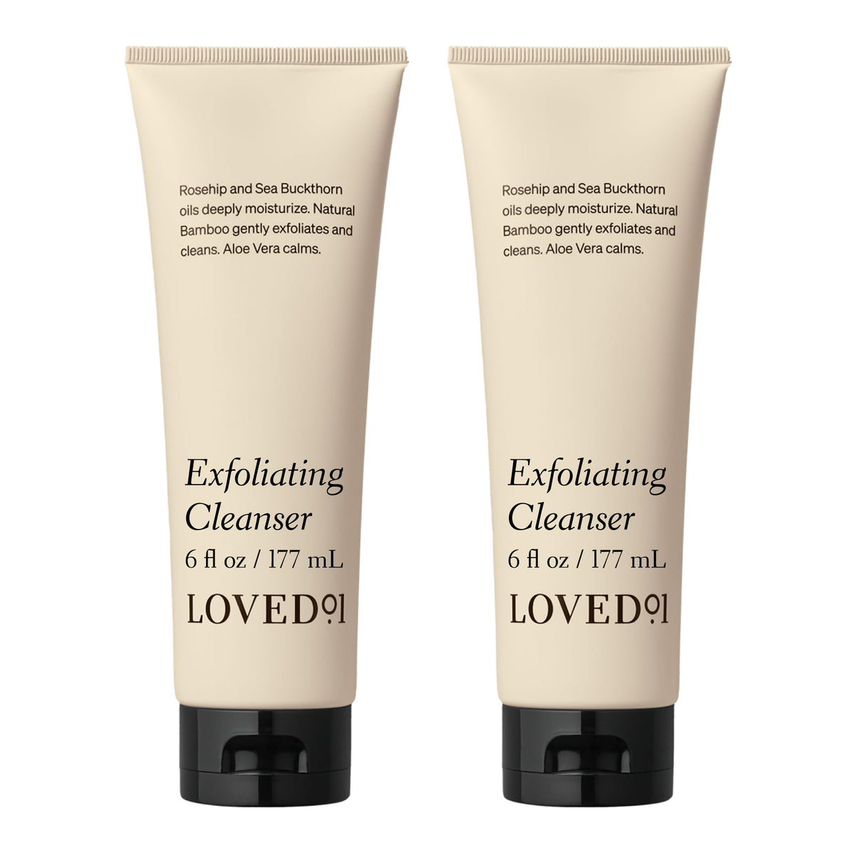 Loved01 exfoliating cleanser bottle for gentle face and body cleansing.