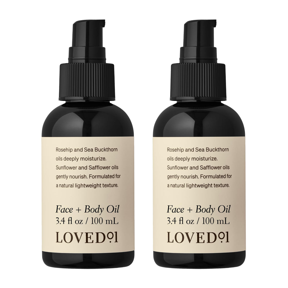 Loved01 Face & Body Oil bottle with rosehip and sea buckthorn for nourishing hydration