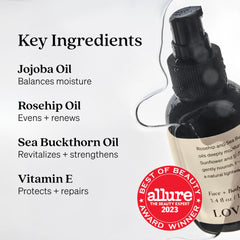 Loved01 Face & Body Oil ingredients featuring vitamin E and vitamin A for skin tone support