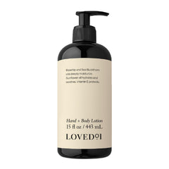Loved01 Hand and Body Lotion bottle pump shown for fast absorption and daily hydration.