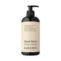 Loved01 Hand Wash bottle front shows hydrating formula for daily cleansing