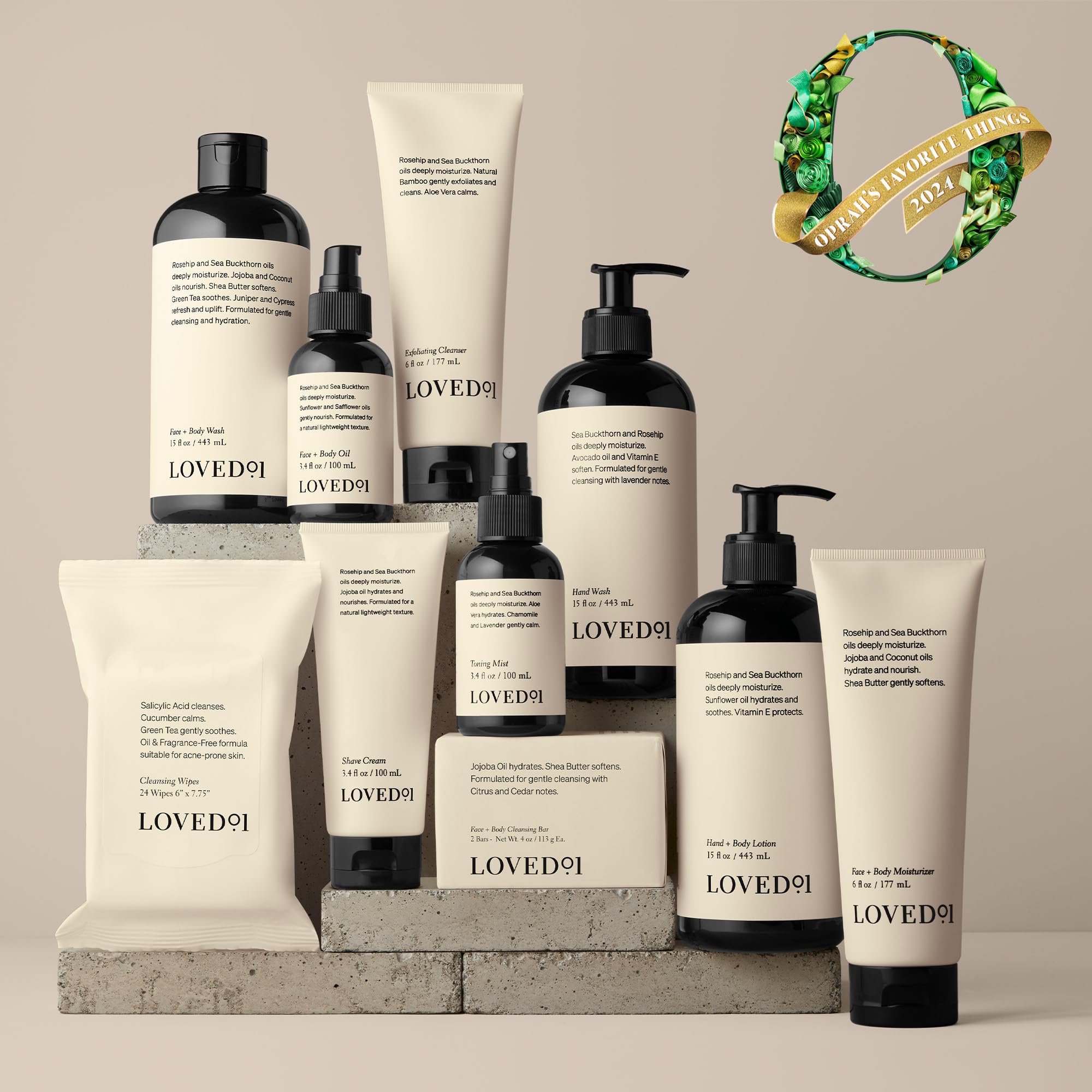 Loved01 bottle highlighting fragrance-free, gentle skincare.