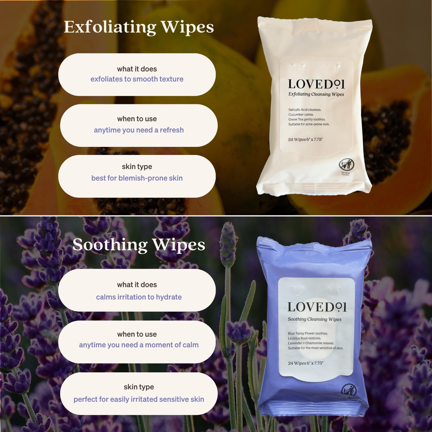 Loved01 No-rinse formula close-up with 24-wipes in pack