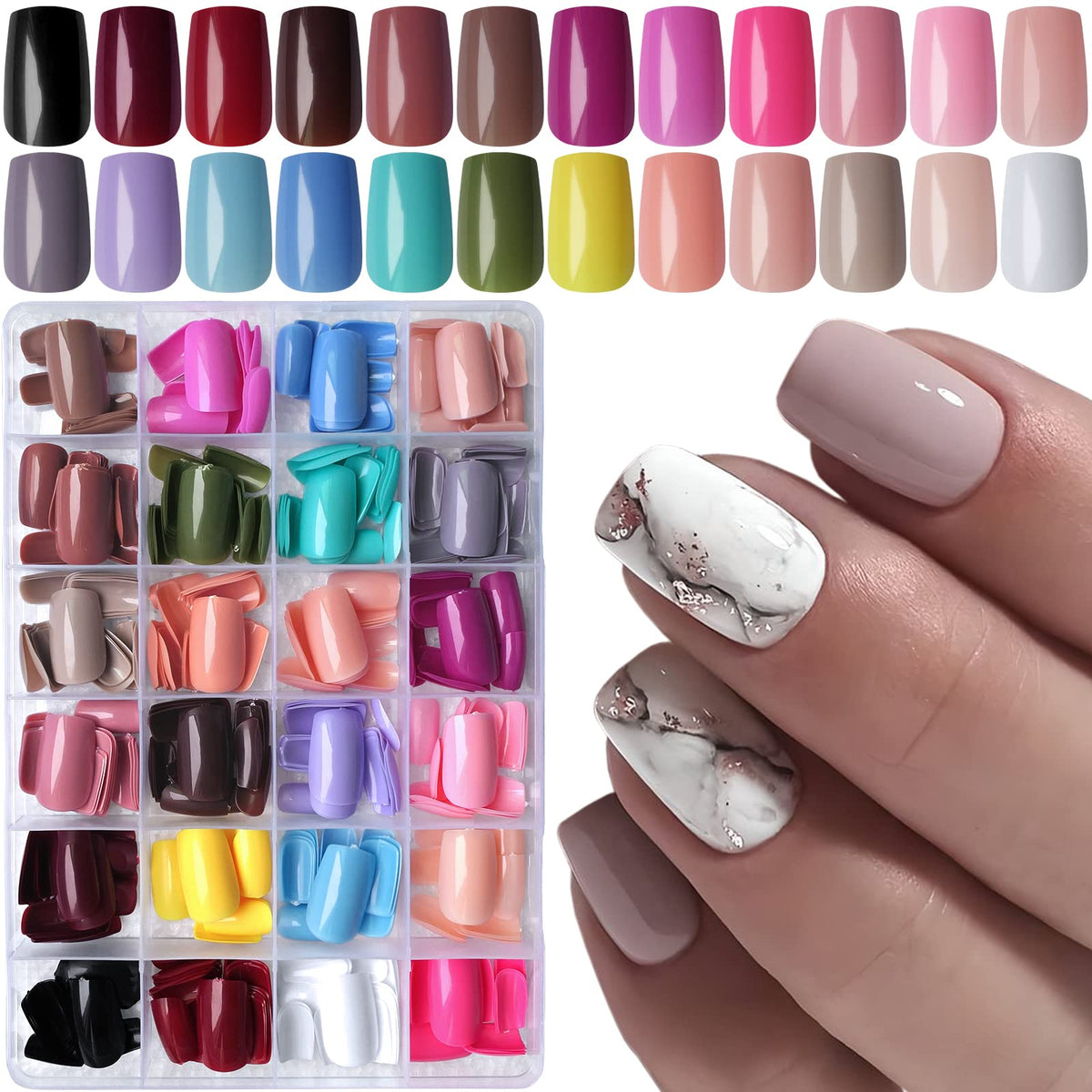 LoveOurHome square press-on nails kit with glossy finish for quick at-home manicure.