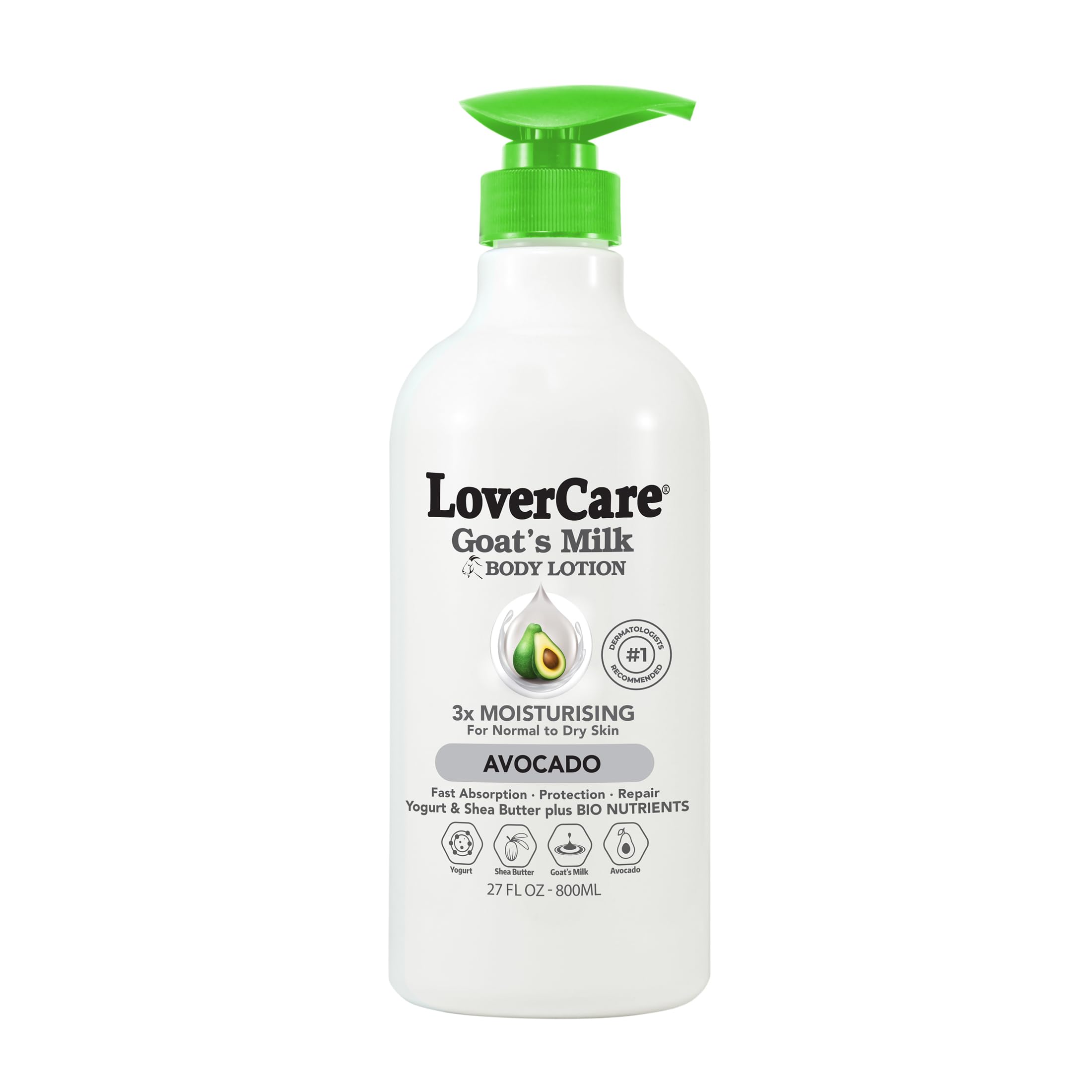 Lovercare Goat Milk Body Lotion avocado bottle demonstrating fast-absorbing, non-greasy hydration