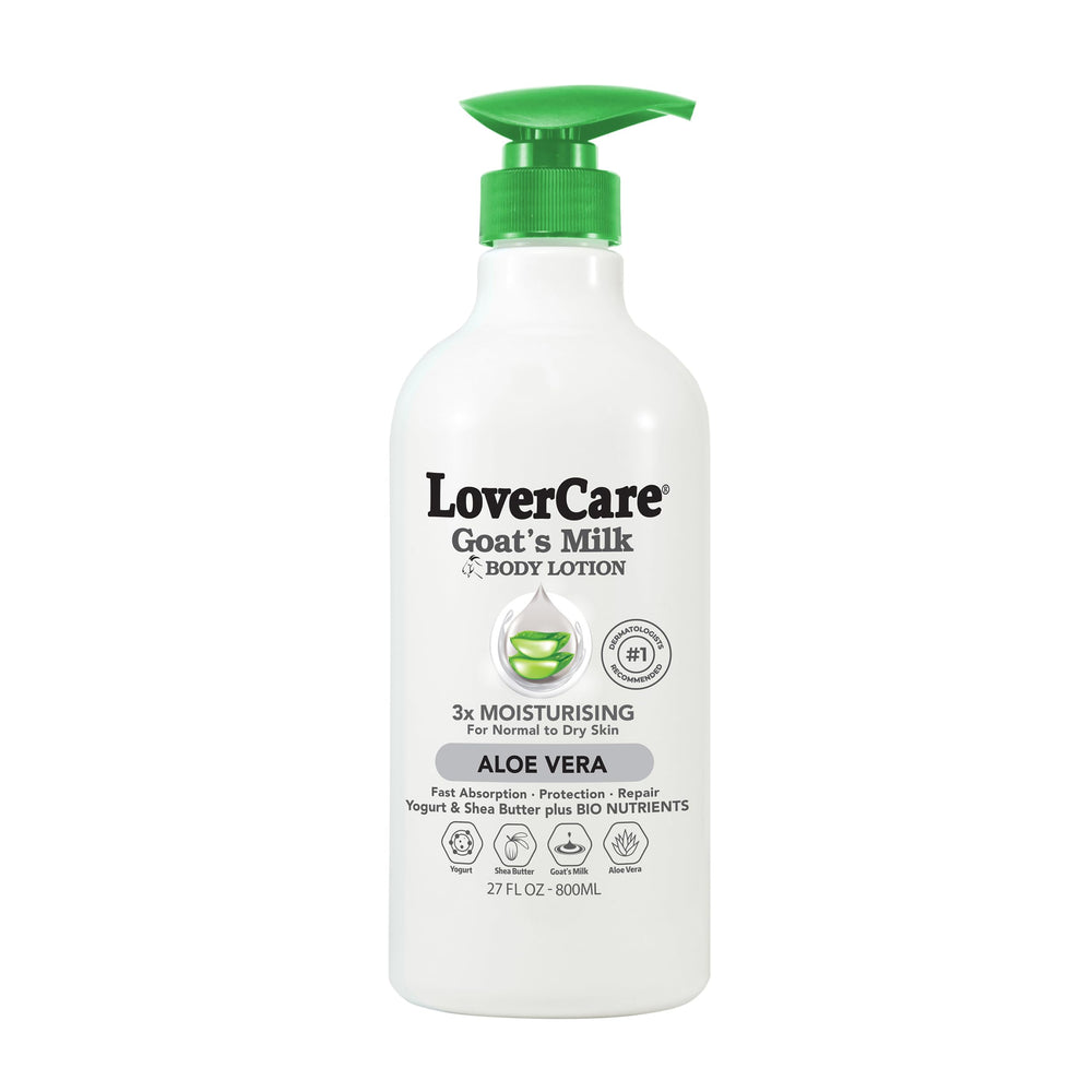 Lovercare Goat Milk Body Lotion bottle front illustrates rich hydration for dry skin