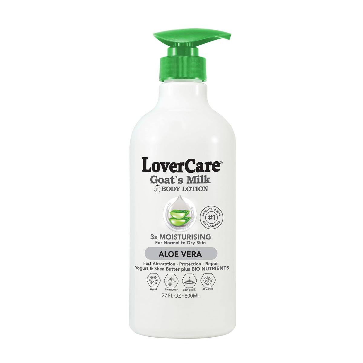 Lovercare Goat Milk Body Lotion bottle front illustrates rich hydration for dry skin
