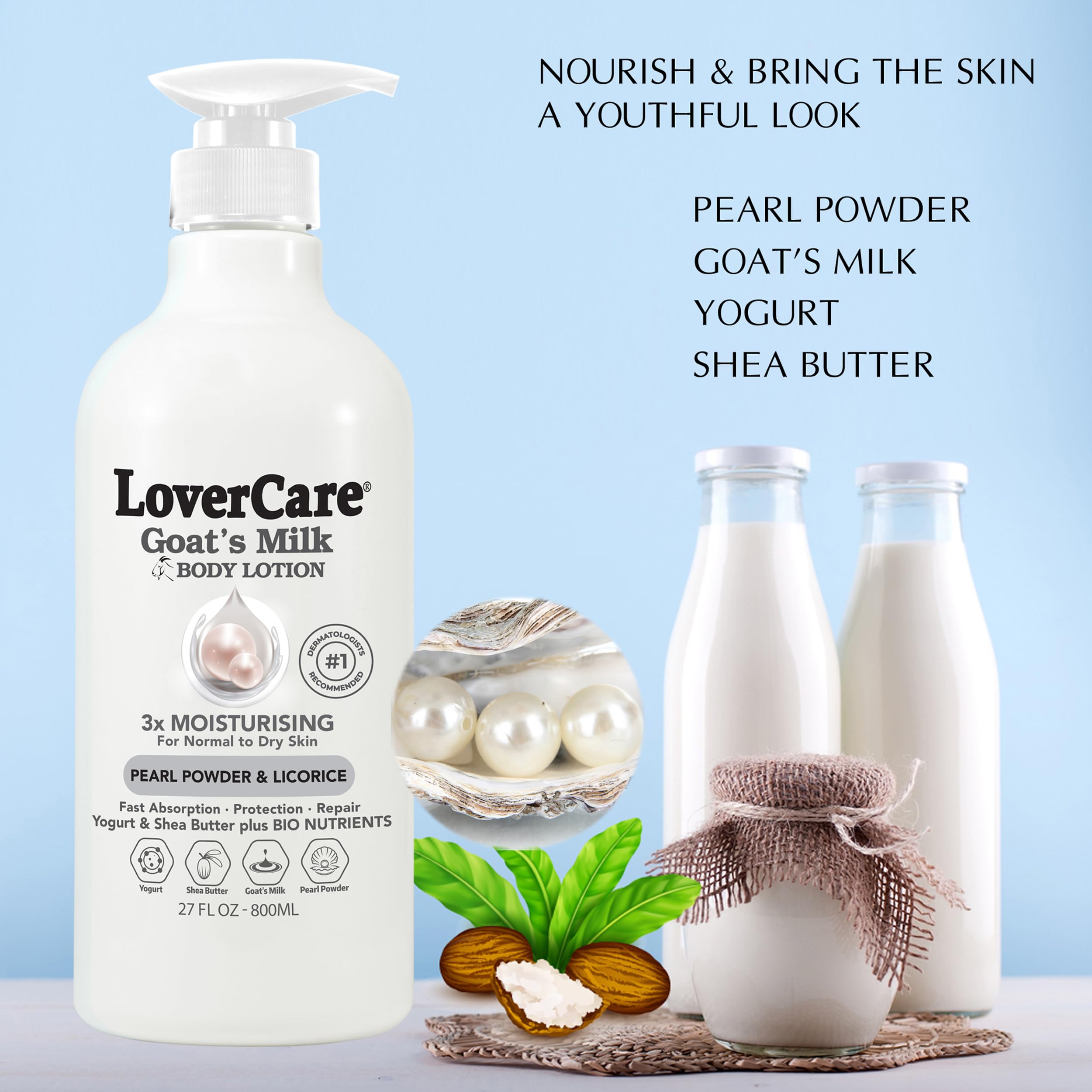 Lover's Care Goat Milk Lotion pearl powder detail brightens and smooths.