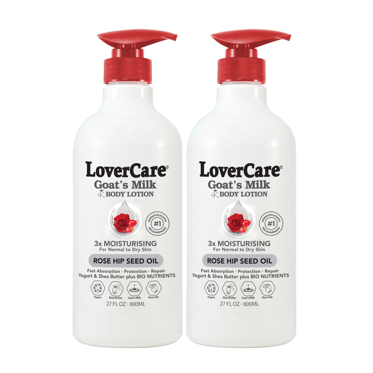 Lovercare Goat Milk Lotion bottle front shows rich hydration.