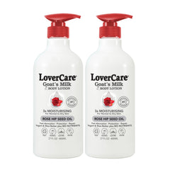 Lovercare Goat Milk Lotion bottle front shows rich hydration.