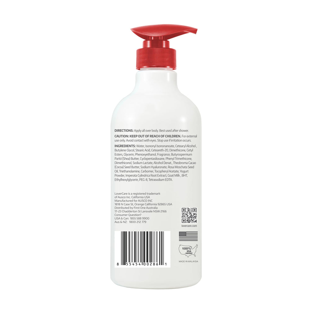 Lovercare Goat Milk Lotion texture close-up reveals creamy non-greasy finish.