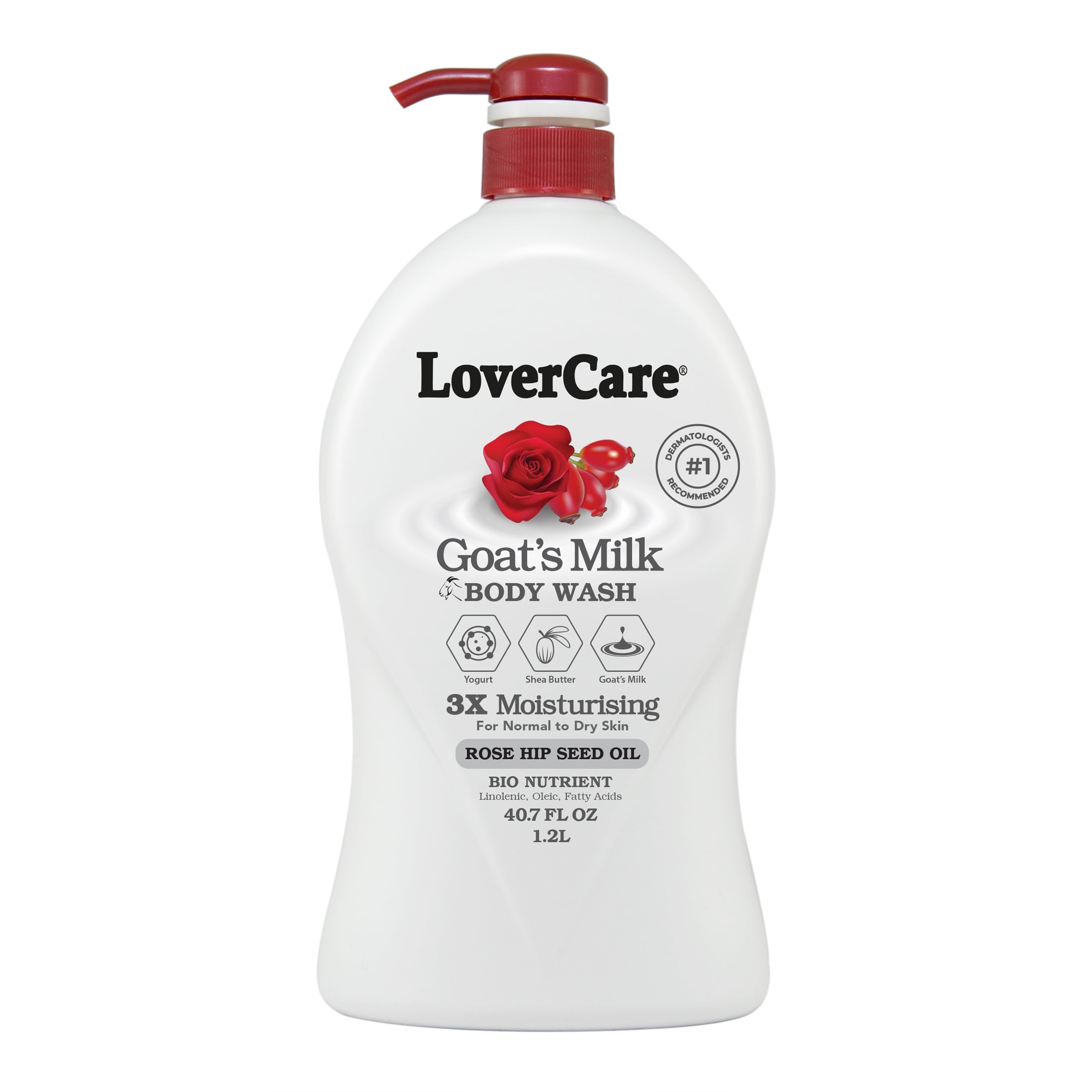 Lover's Care Goat Milk Body Wash bottle with rose hip seed oil, nourishing skin.