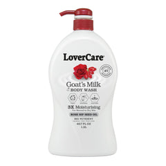 Lover's Care Goat Milk Body Wash bottle with rose hip seed oil, nourishing skin.