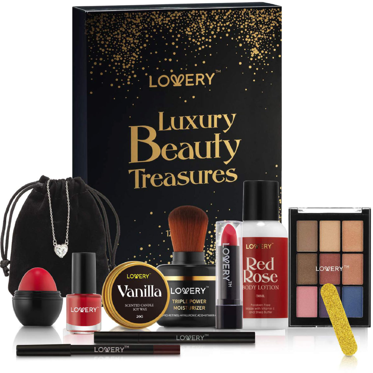 LOVERY 12-day countdown box with daily beauty treats for a memorable gift experience.