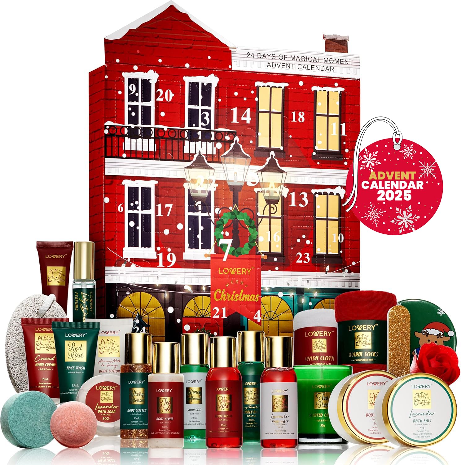 Lovery Advent Calendar contents reveal 24 pampering gifts for daily treats.
