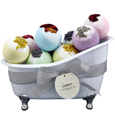 Lovery bath bomb gift basket ready to gift with colorful fizzies and a spa vibe.