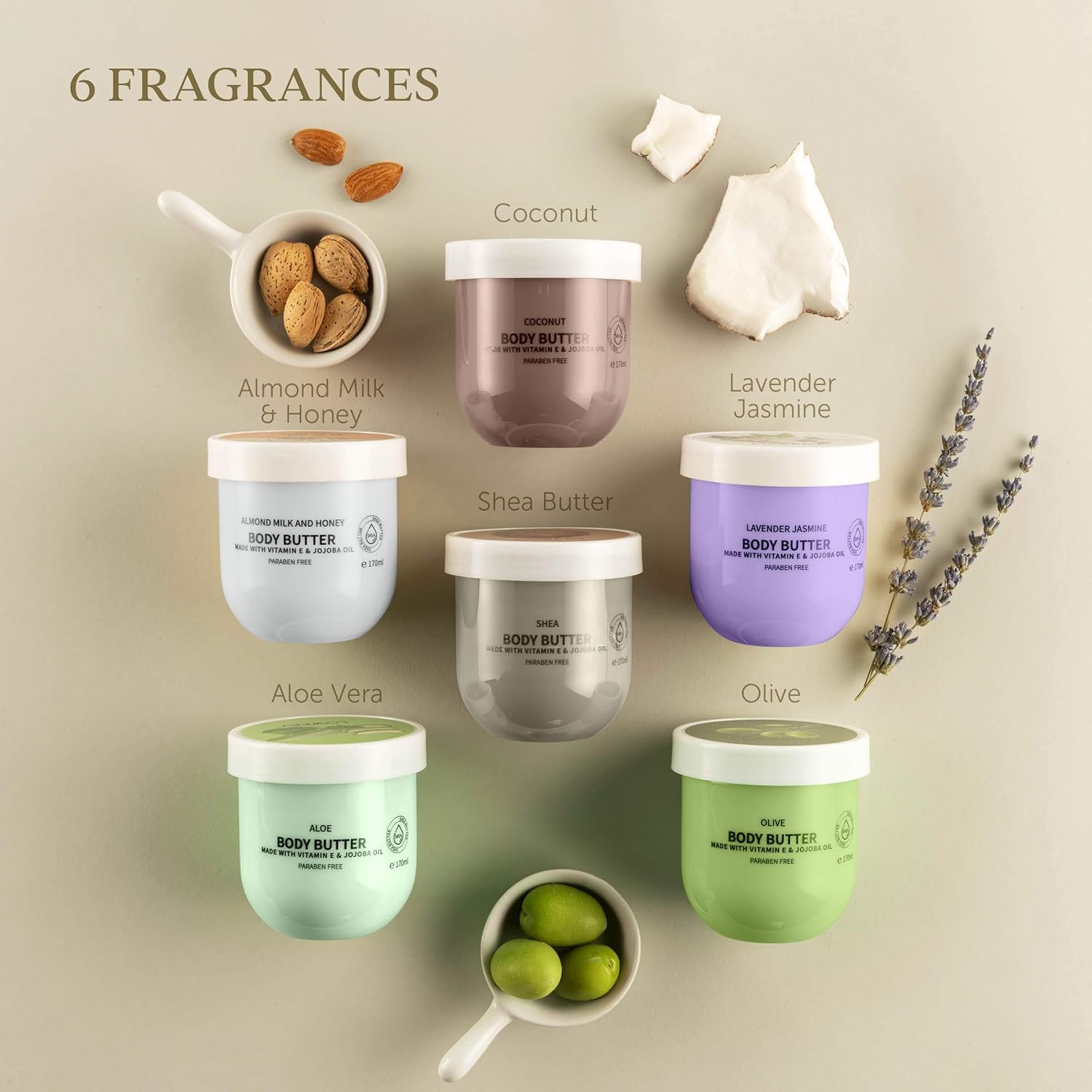 LOVERY six-fragrance body butter jars arranged for luxurious hydration