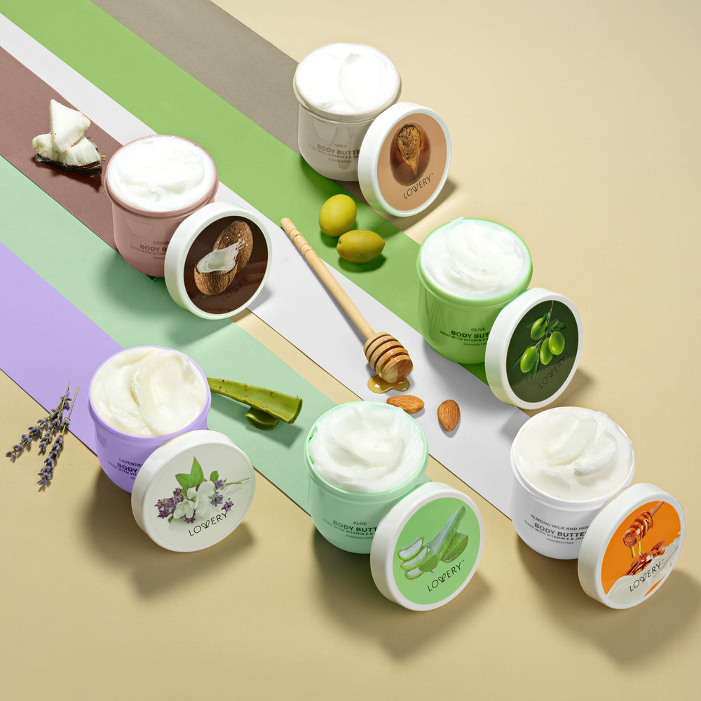 LOVERY coconut body butter jar highlighting tropical scent and hydration