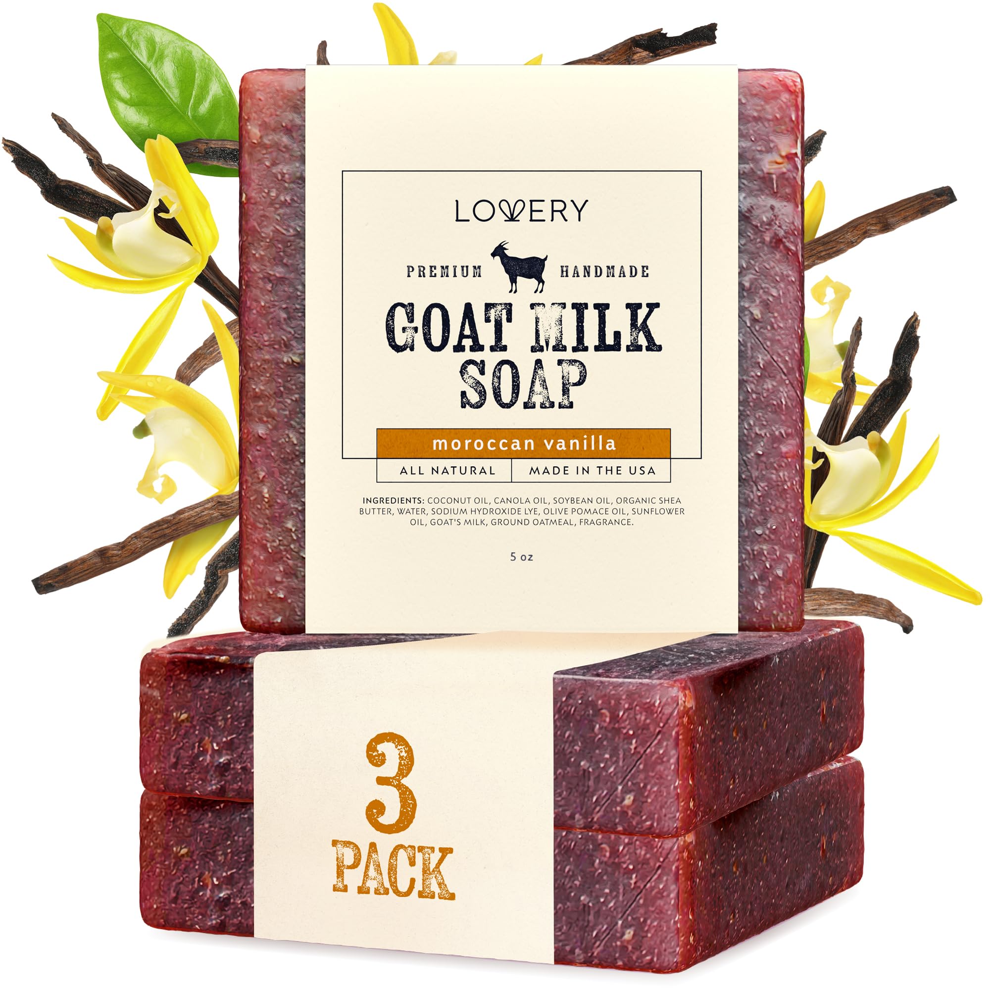 LOVERY goat milk soap 3-pack display for gentle cleansing with sensitive skin