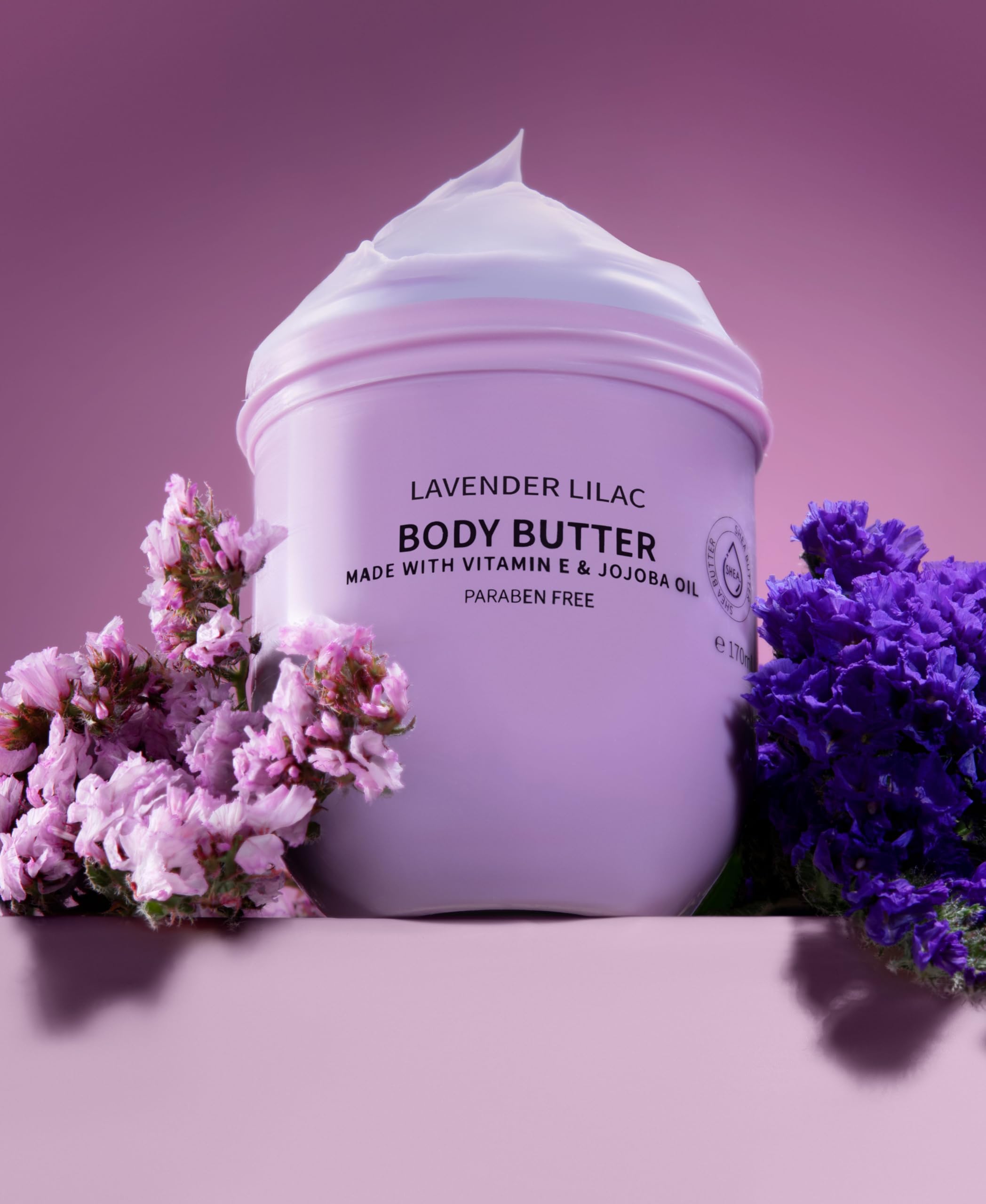 LOVERY Lavender Lilac Body Butter texture close-up showing rich, non-greasy hydration on skin