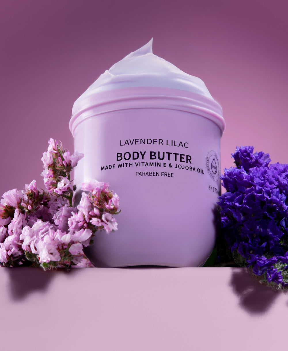 LOVERY Lavender Lilac Body Butter texture close-up showing rich, non-greasy hydration on skin