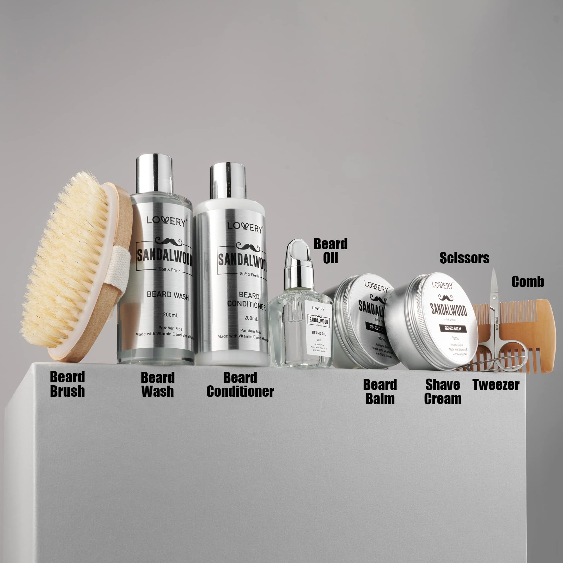 Lovery sandalwood beard conditioner bottle helps detangle and soften beard fibers