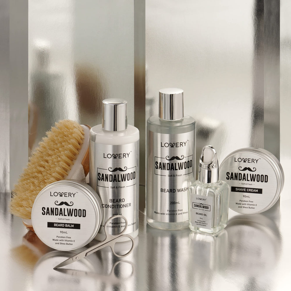 Lovery sandalwood beard oil bottle nourishes skin and beard